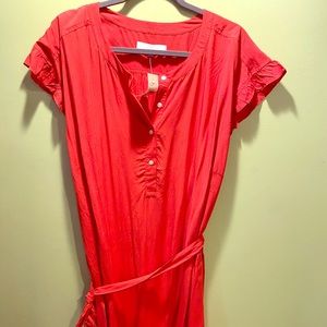 Loft Red Midi Dress with Tie Waist